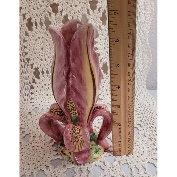 Tulip Bud Vase Handpainted In Italy 2006. Pinkish Purple With Yellow And Brown - Picture 8 of 11